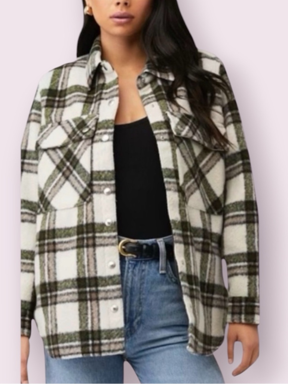 BlankNYC Wool Blend Plaid Jacket Shacket Cream & Green Size XS